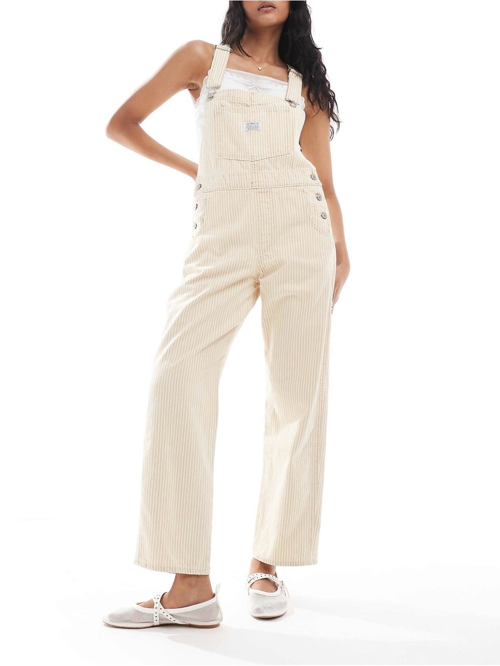 Levi’s Women’s XL Vintage Fit Striped Denim Overalls White Cream Khaki Railroad